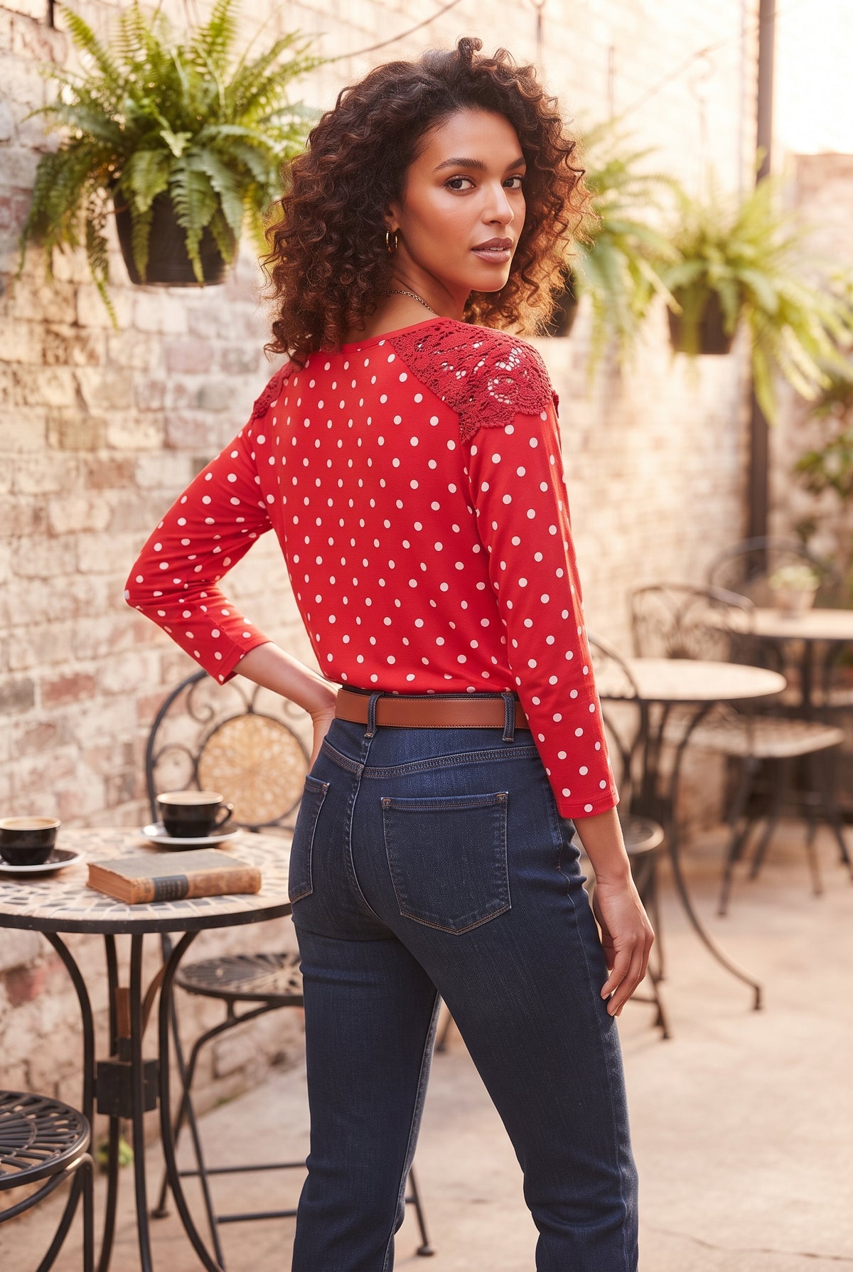 Woolworths Red & White Polka Dot Blouse with Crochet Lace Detail – Size Medium