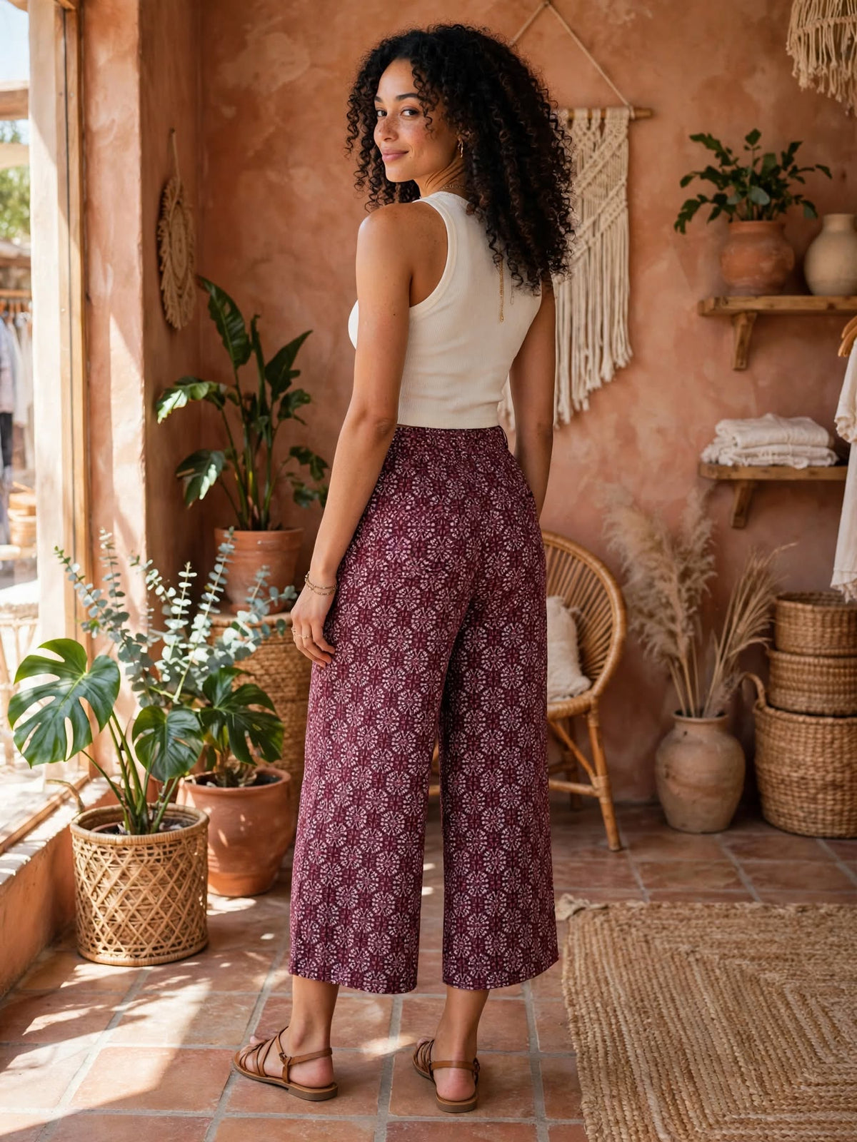 Ackermans Tango Burgundy Floral Wide-Leg Tie-Waist Culottes Pants - Size 38
