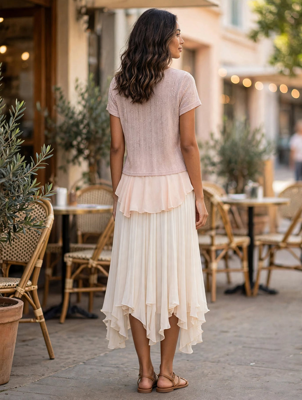 Rage 4 Me Blush Pink Sparkle Knit Top with High-Low Chiffon Ruffle Hem - Size Medium