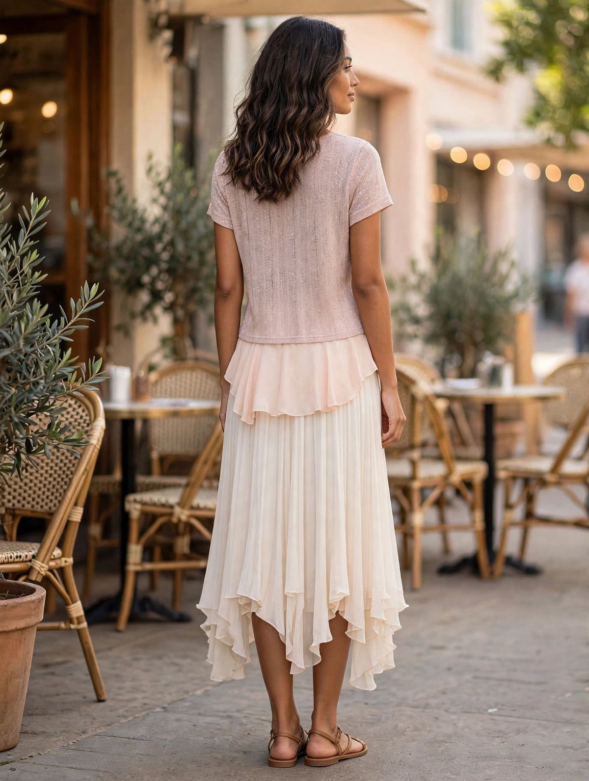 Rage 4 Me Blush Pink Sparkle Knit Top with High-Low Chiffon Ruffle Hem - Size Medium