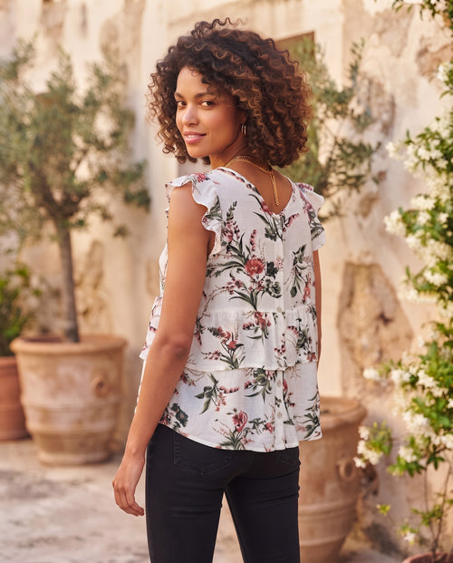REAL Woman White Floral Sleeveless V-Neck Tiered Ruffle Blouse - Size XS