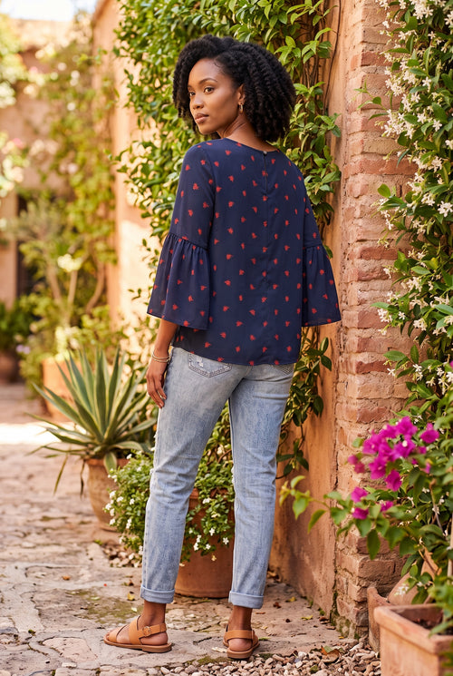 Navy Floral Bell-Sleeve Blouse – Size Large
