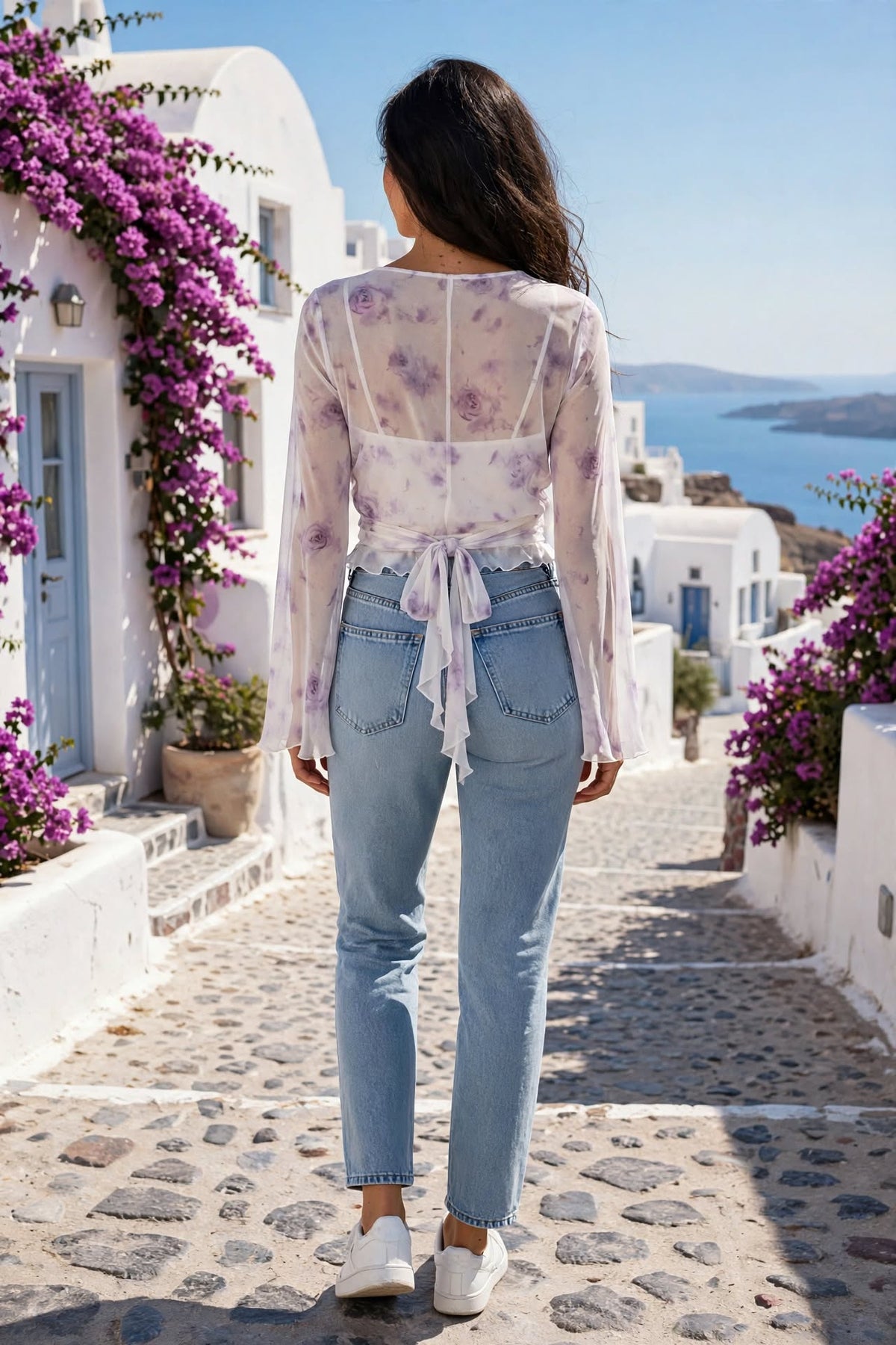 Lilac Floral Mesh Flared Sleeve Wrap Blouse - Size Large