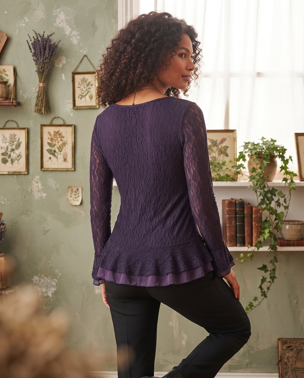 Purple Lace Ruffled Long-Sleeve Blouse – Size Small