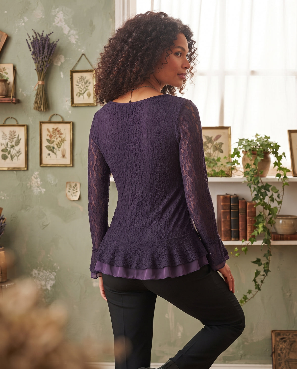 Purple Lace Ruffled Long-Sleeve Blouse – Size Small