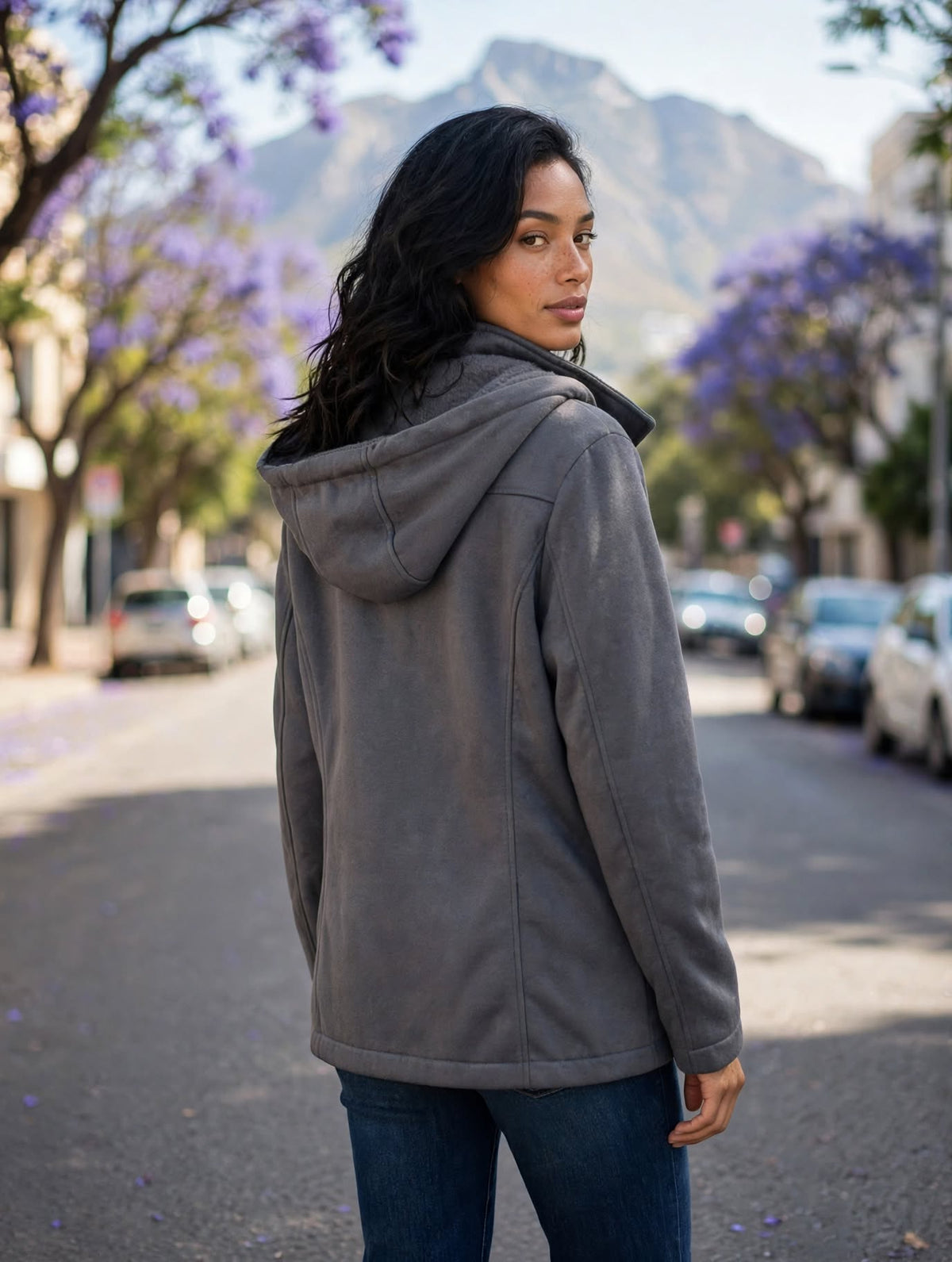 Grey Hooded Button-Up Fleece Jacket – Size 40