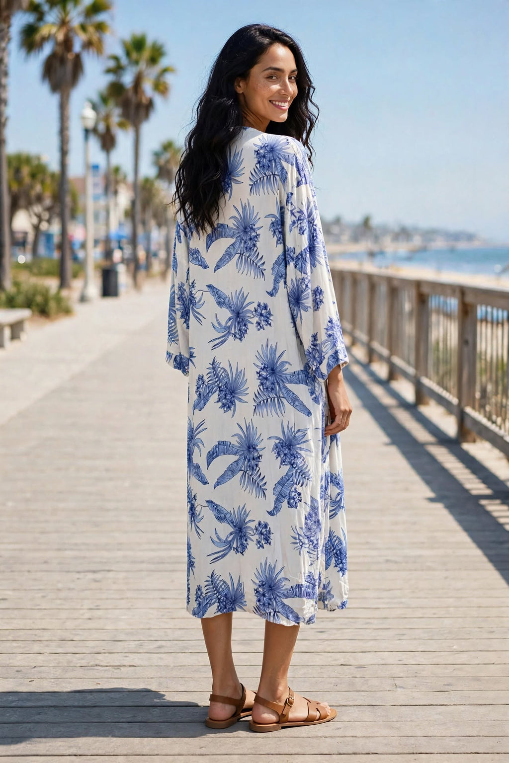 REAL Woman White & Blue Tropical Long Kimono Throwover - Size 2XL