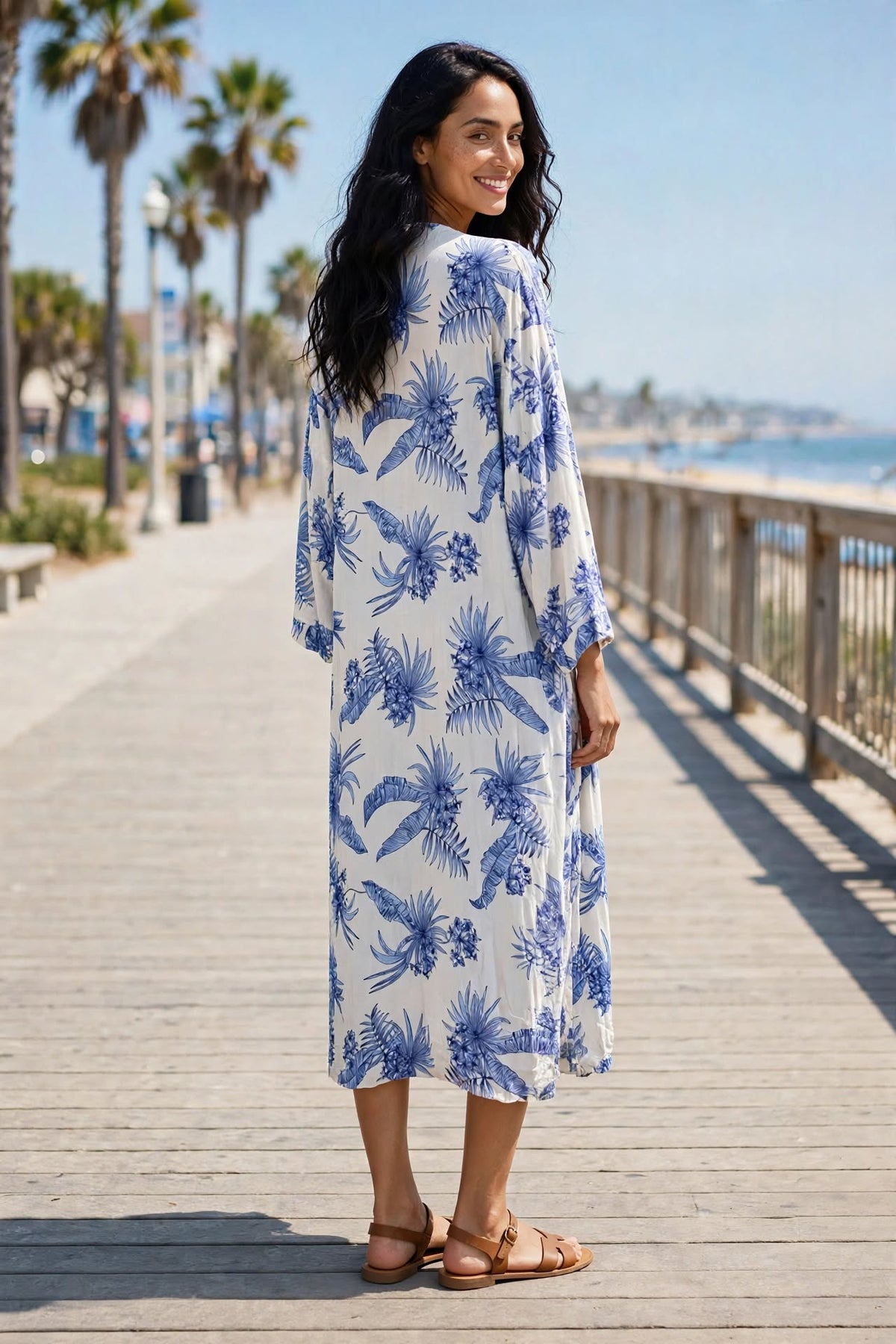 REAL Woman White & Blue Tropical Long Kimono Throwover - Size 2XL