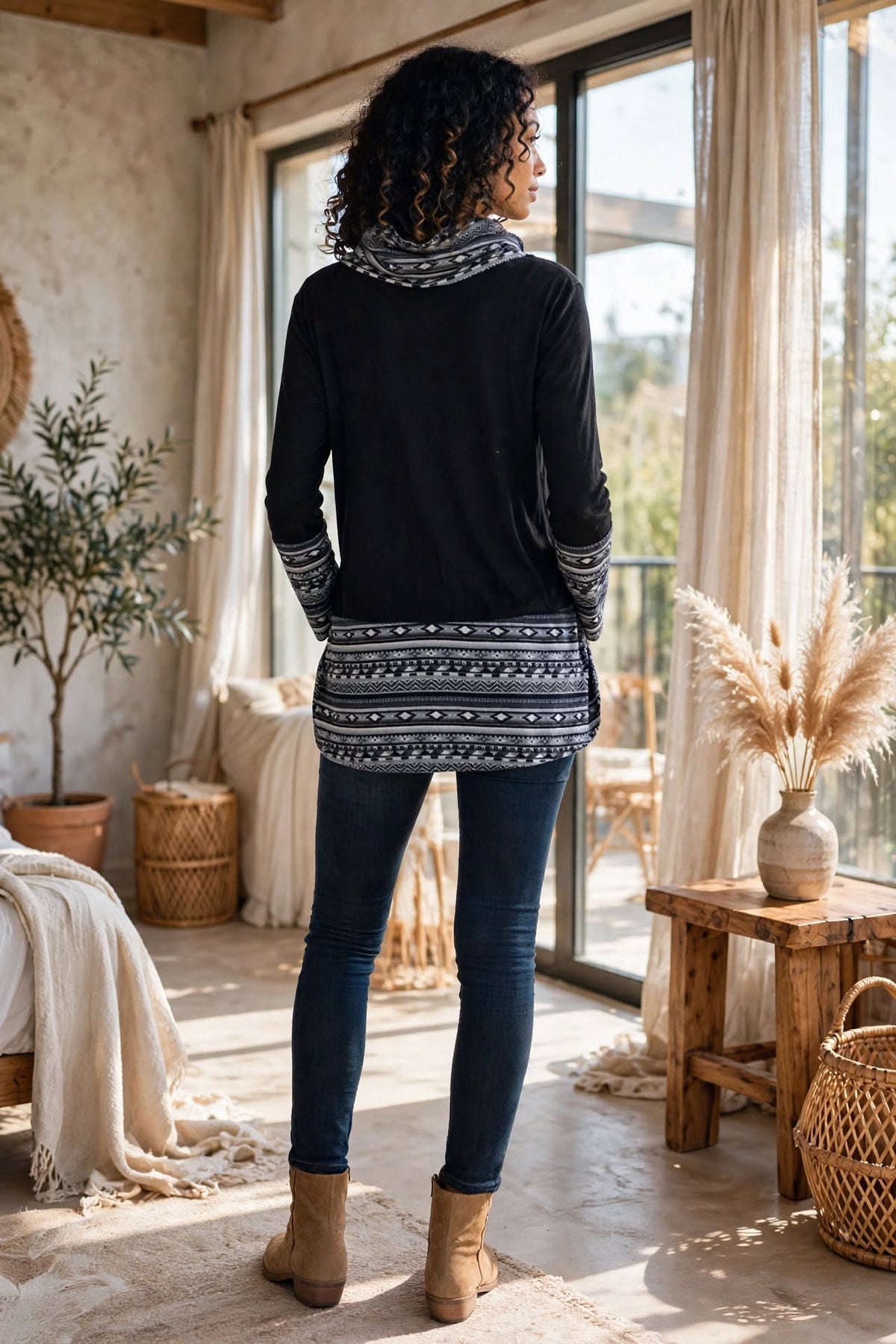 Miusey Black Aztec Cowl Neck Tunic - Size Large