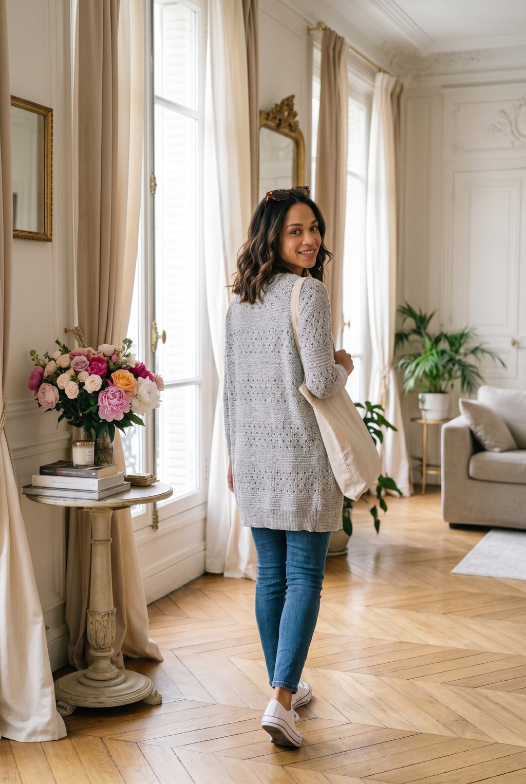 Light Grey Pointelle Knit Winter Jersey – Size Medium
