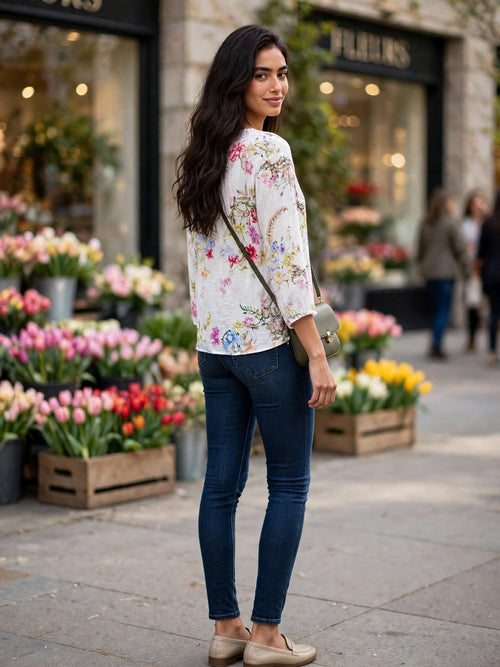 New Fashion White Floral Print Blouse - Size 3XL