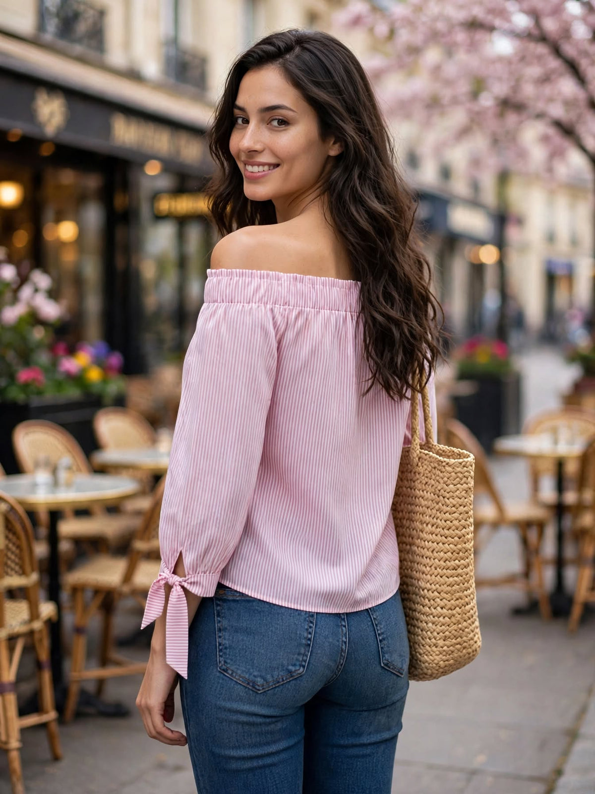 Jet Stores Fix Pink and White Striped Off-The-Shoulder Blouse - Size 12