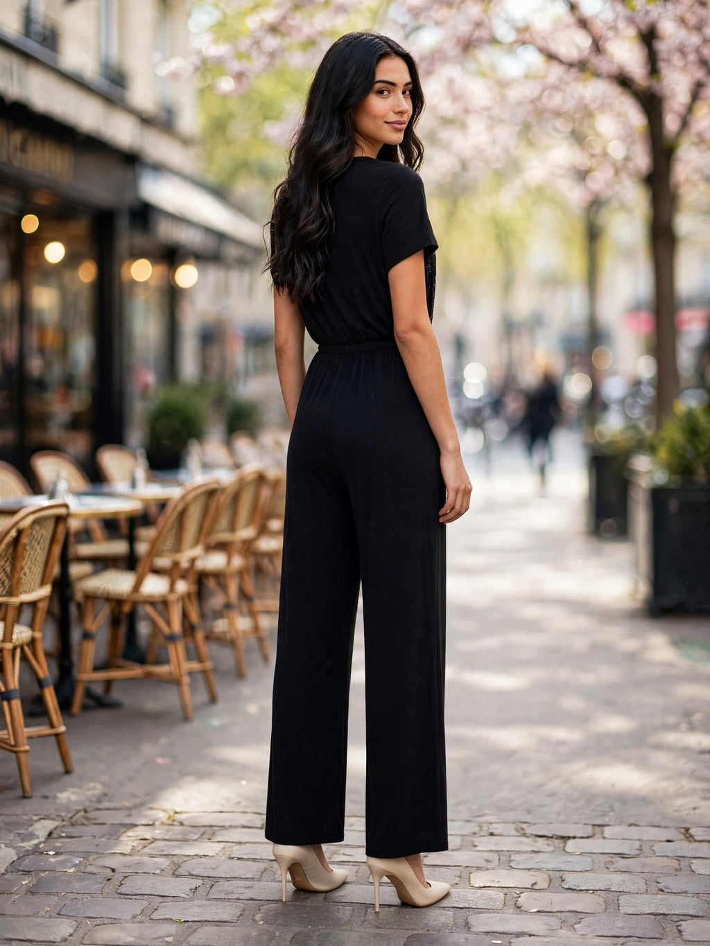 Donna Claire Black Sequin Shimmer Wrap Jumpsuit - Size 18