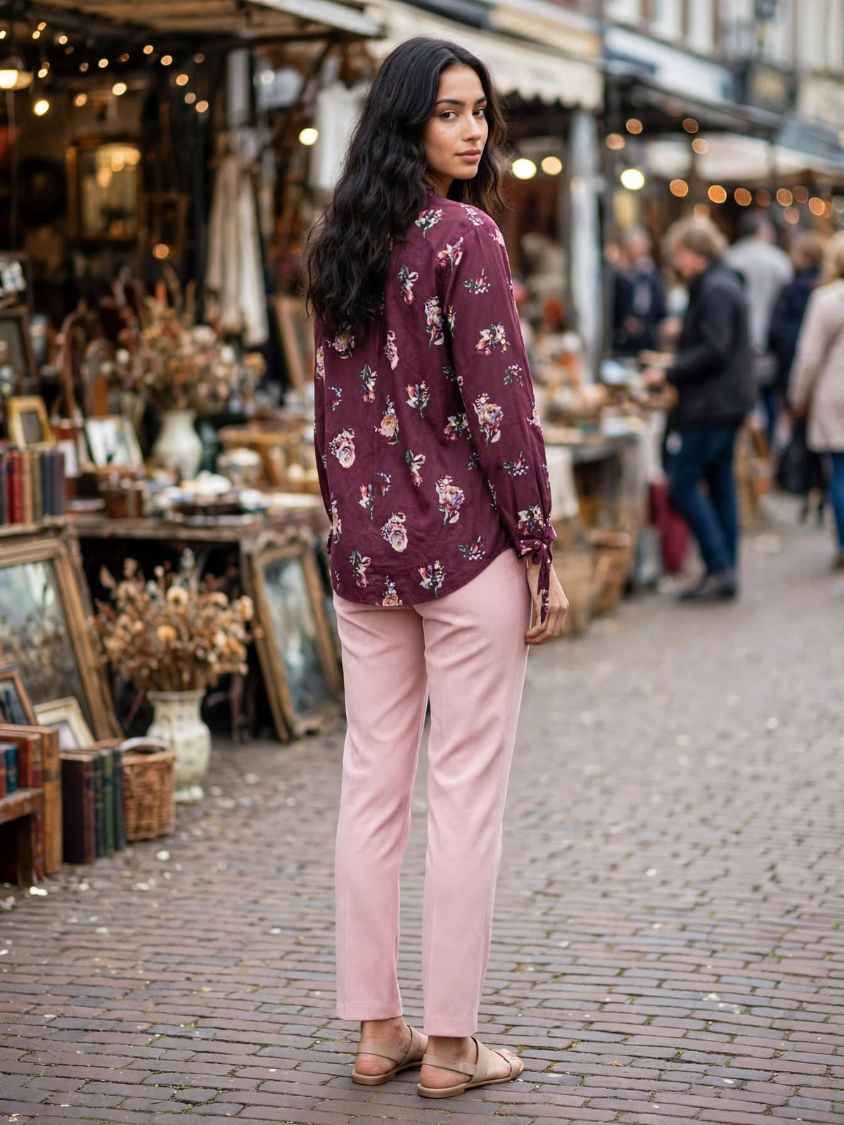 Cherokee Deep Burgundy Floral Cotton Blouse - Size Large