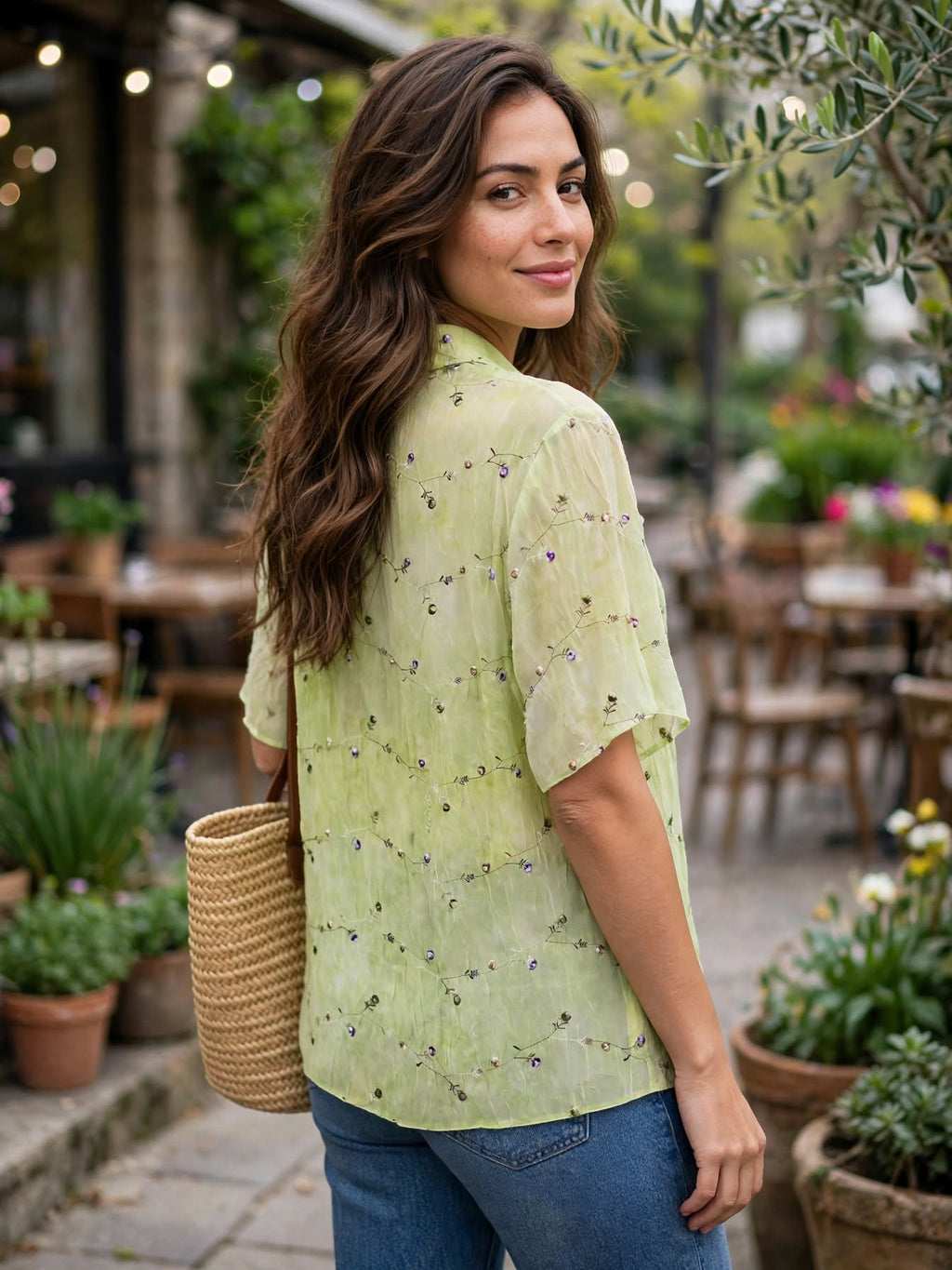 ML Classics Pale Lime Crinkle Sheer Embroidered Blouse with Sequin Vines - Size 40
