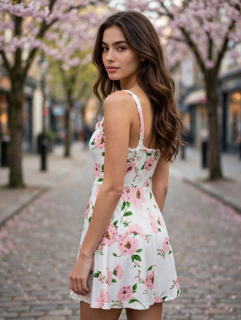 White Pink Floral TSpaghetti Strap Ruffle Dress - Size XL