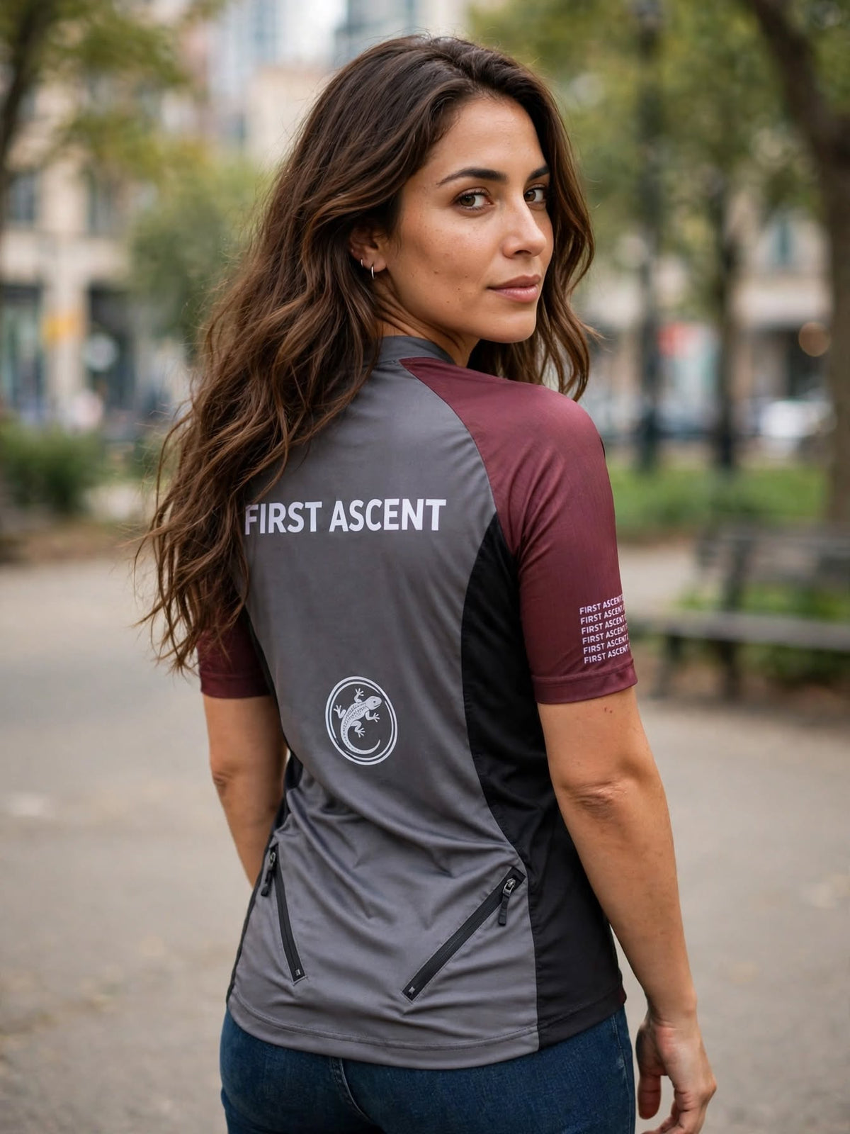First Ascent Unisex Grey Maroon, Burgundy & Black Zip Cycling Shirt - Size Large