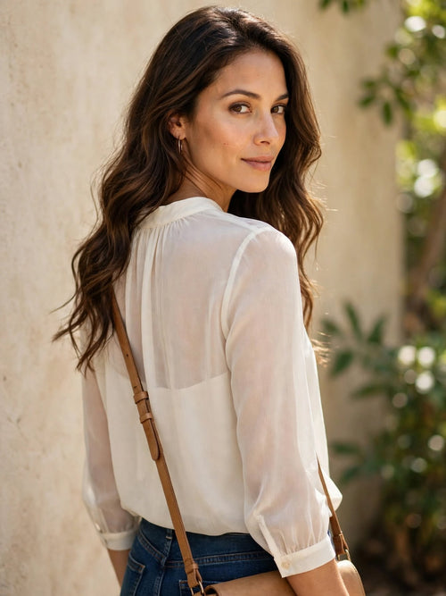 All Woman Off White Sheer Tie-Neck Blouse - Size Small