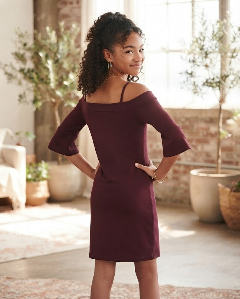 "Girls Just Want To Have Fun" Off-The-Shoulder Burgundy Dress – Size 13-14
