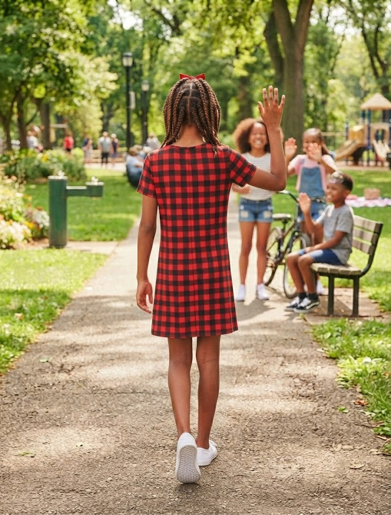 Pre-Loved Girls' Red & Black Buffalo Check Shift Dress – Size 11-12 Years