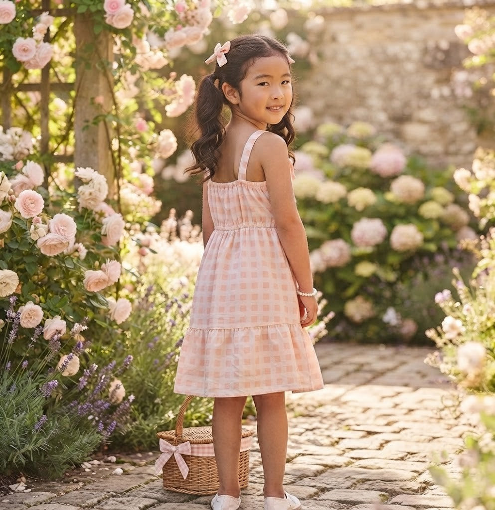 REAL Kids Size 9-10 Girls Peach Gingham Bow-Detail Dress
