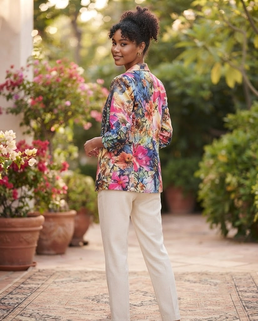 Vibrant Floral Print Ruched-Sleeve Blazer – Size Small