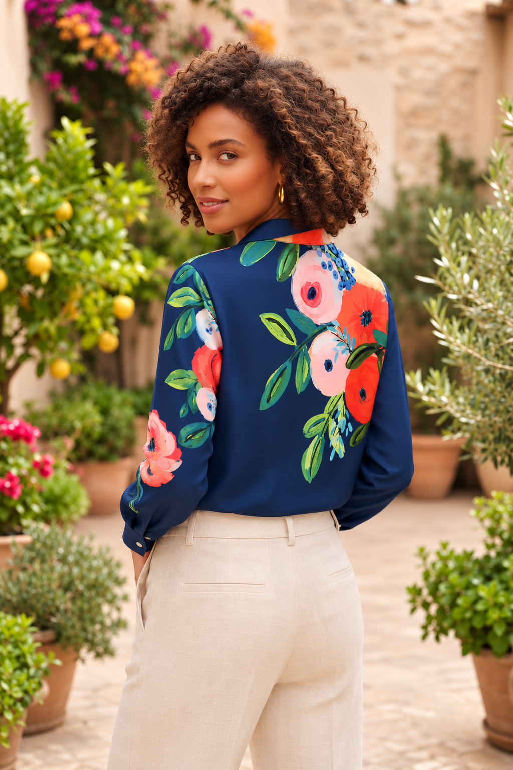 Vibrant Floral Print Long-Sleeve Blouse – Women's Medium