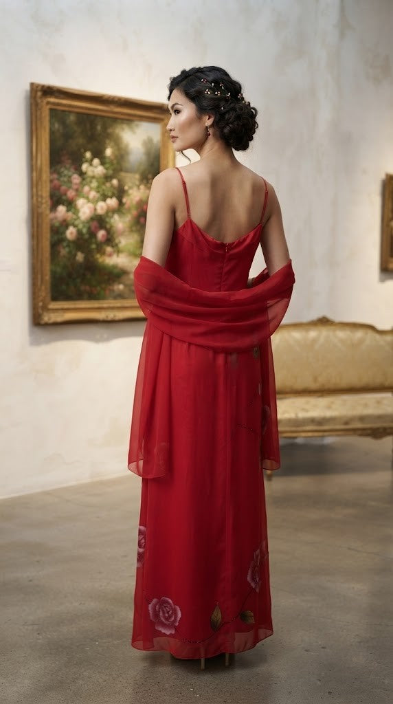 Elegant Hand-Painted Rose Floral Maxi Dress with Matching Shawl - Size M