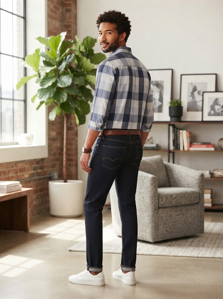 Oakridge Men’s Long-Sleeve Plaid Button-Down Shirt – Navy & White – Size Small