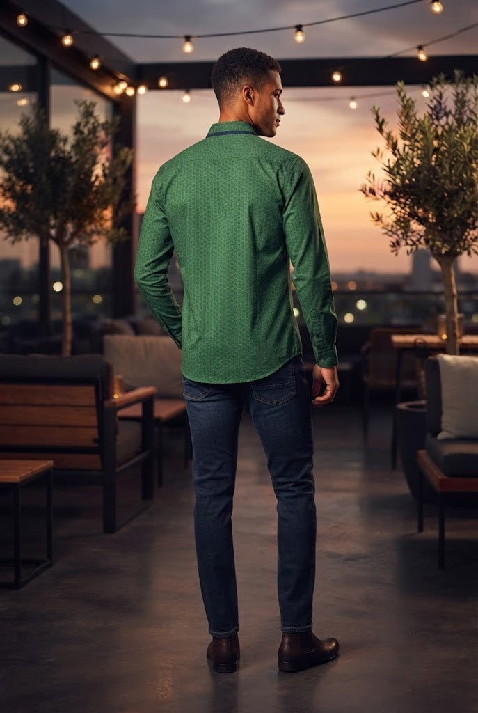 Oakridge Men's 100% Cotton Long-Sleeve Shirt - Green Geometric Pattern - Size XL