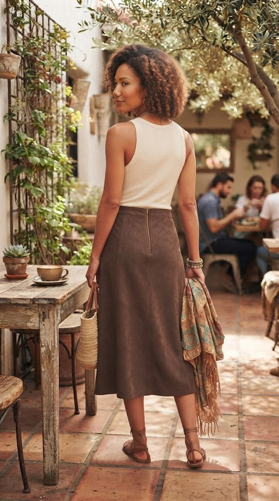 Contempo Suede-Feel Midi Skirt (Size 36)