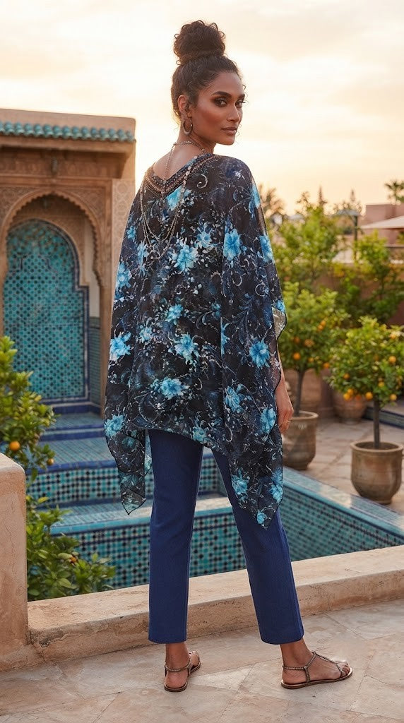 Blue Floral Embellished V-Neck Chiffon Shawl/Kaftan – Excellent Condition (Size 2XL)
