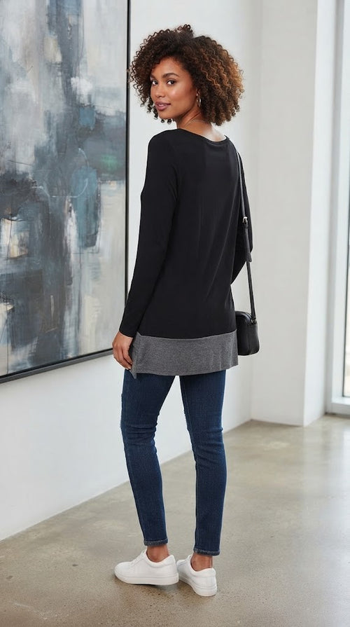 Black & Grey Layered Long-Sleeve Blouse – Size M (Excellent Condition)