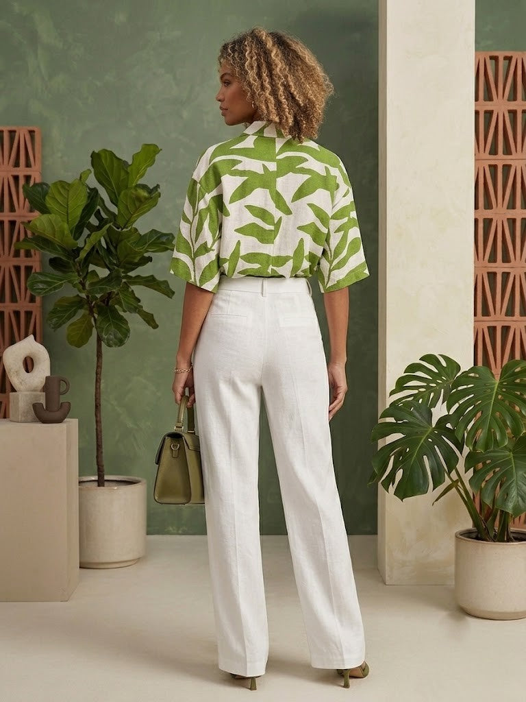 Foschini Green & White Leaf Print Button-Down Blouse - Size Large