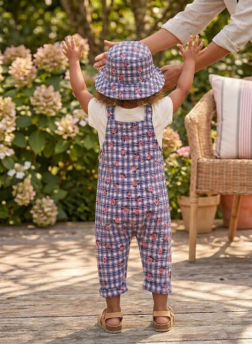 Vintage-Inspired Plaid & Rose Print Jumpsuit and Matching Bucket Hat - Size 18-24 Months