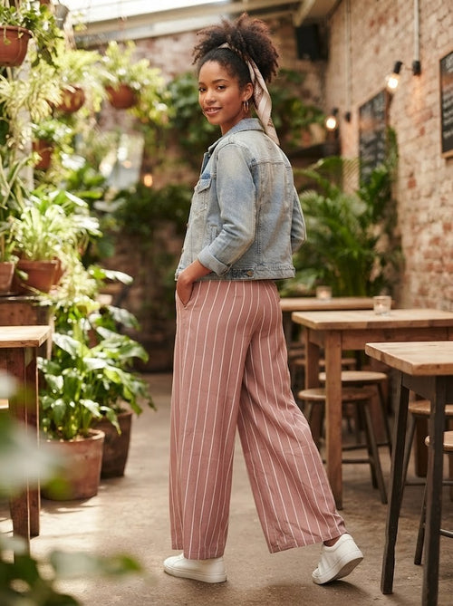 U-Star High-Waisted Striped Wide-Leg Trousers – Dusty Rose – Size XS
