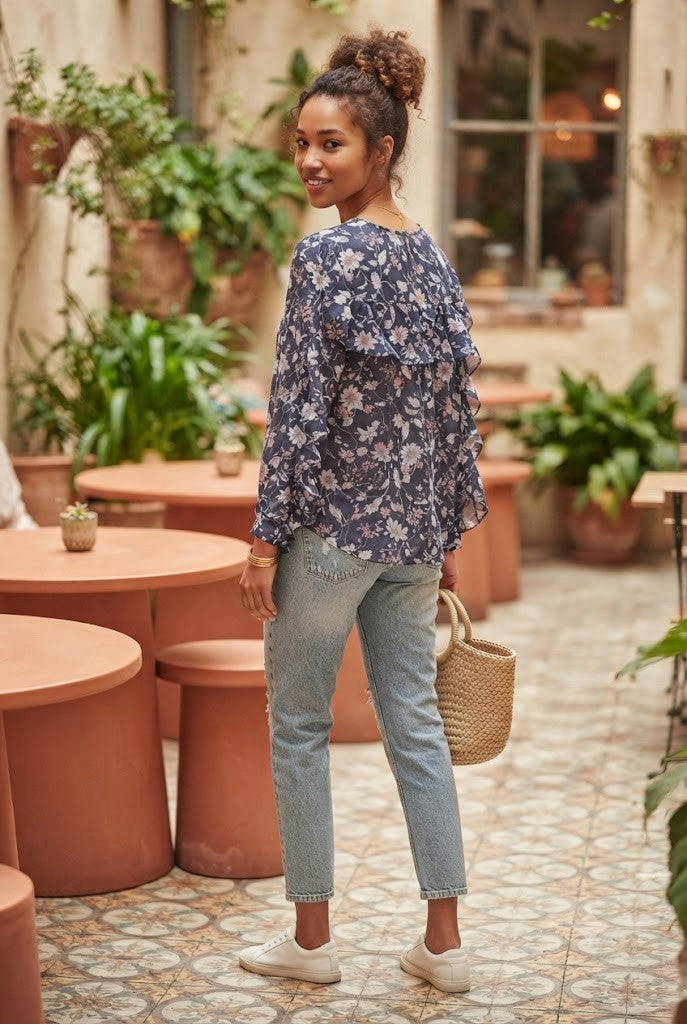 Modern Dynasty Ruffled Floral Blouse - Navy Blue, Size XL