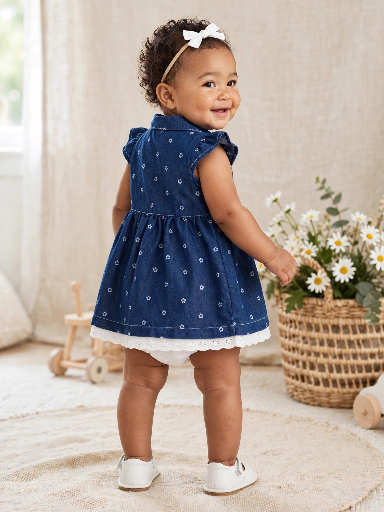 Ackermans Baby Blue Floral Denim Dress with Eyelet Lace 12-18 Months