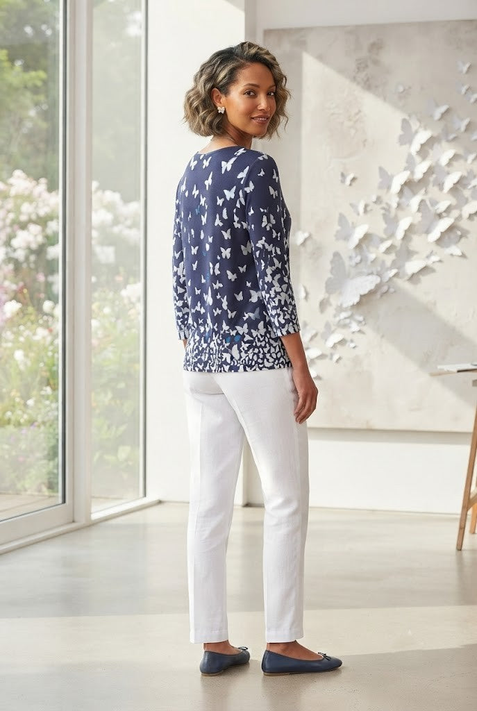 Queenspark Blue Butterfly Print 3/4 Sleeve Blouse - Size Large