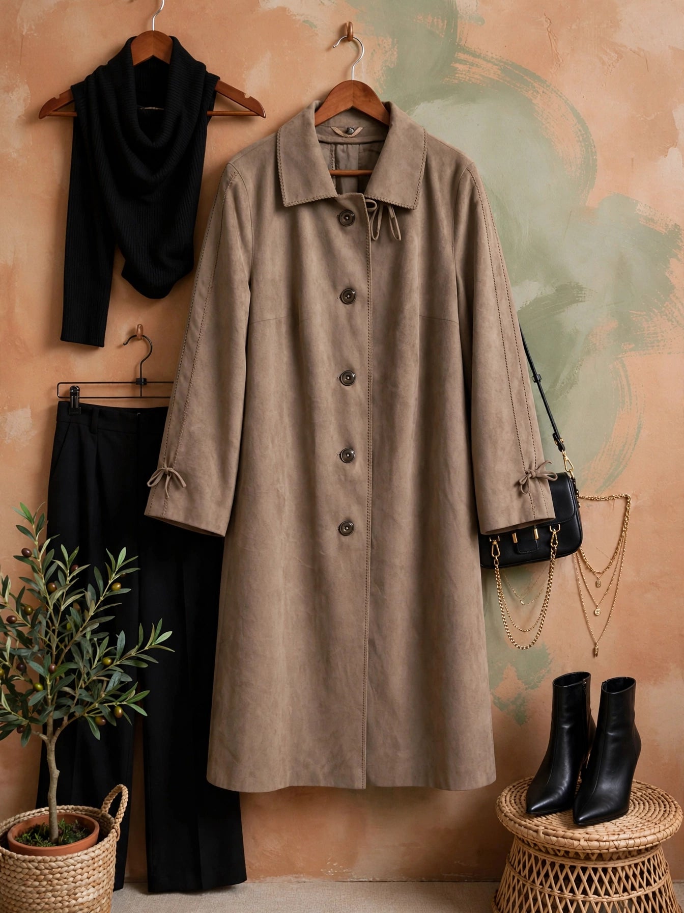 Taupe Faux Suede Long Trench Coat - Size 42