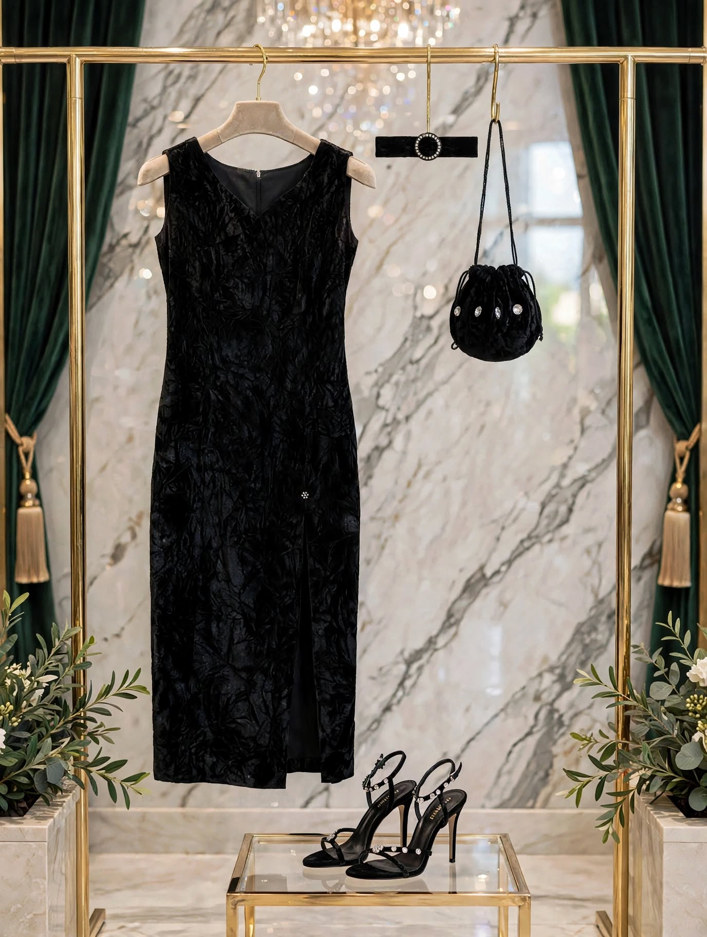 Black Crushed Velvet Matric Dance Dress 3-Piece Set - Size Medium