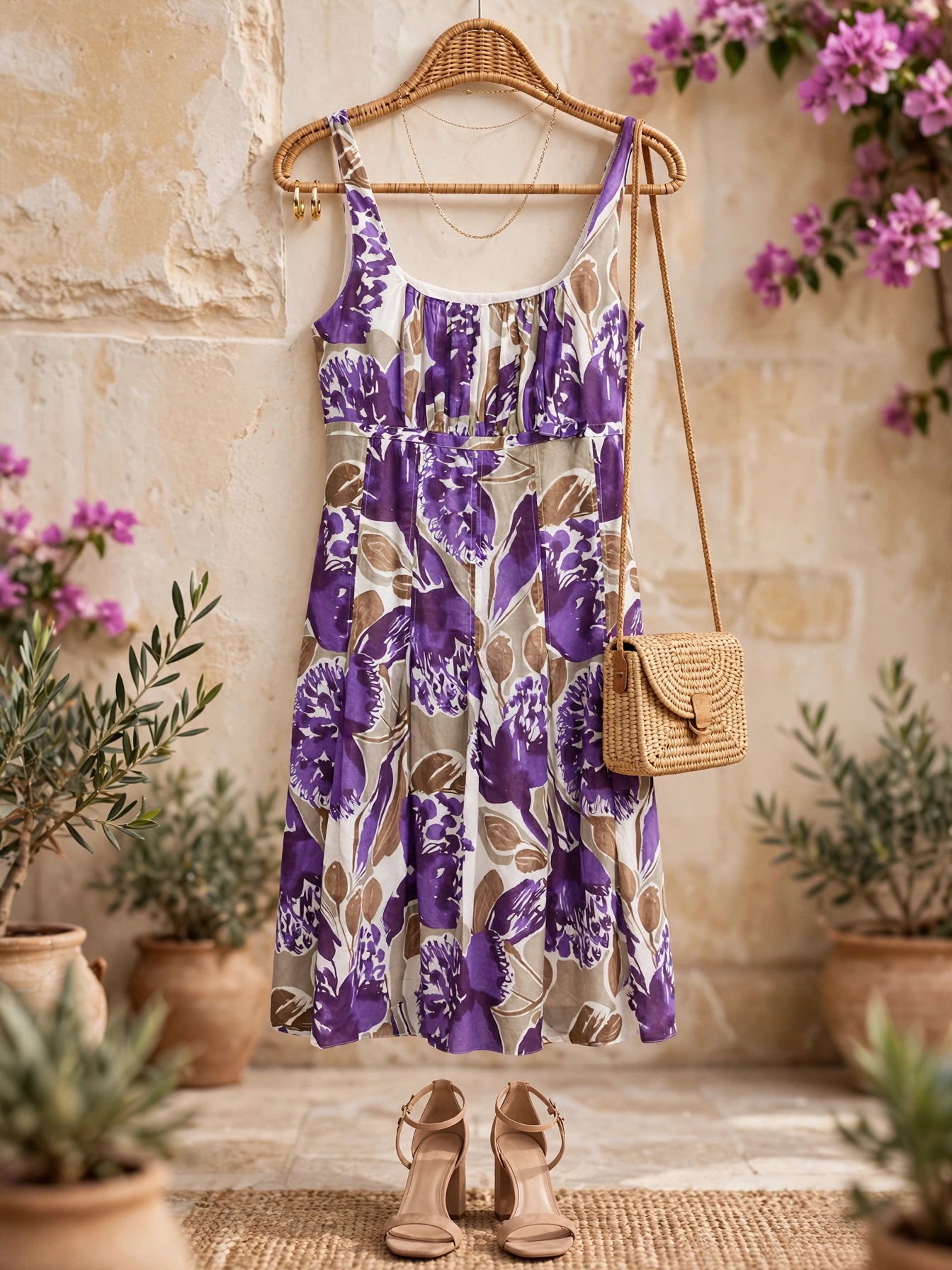 Steilmann Floral Purple & Taupe Garden Print Sundress - Size Medium