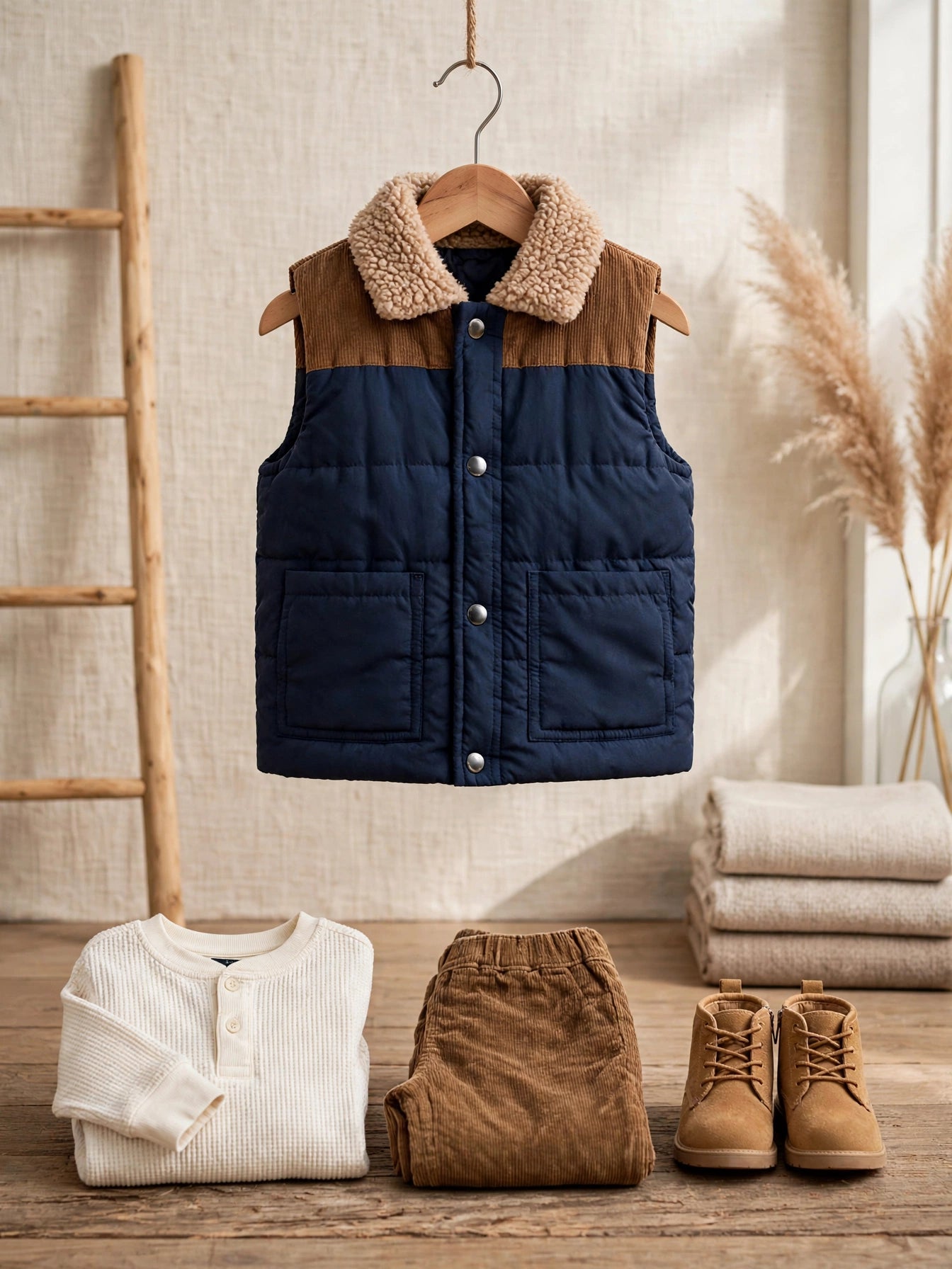 Cuddlesome Navy & Tan Sherpa Corduroy Yoke Puffer Vest - Size 12 to 18 Months