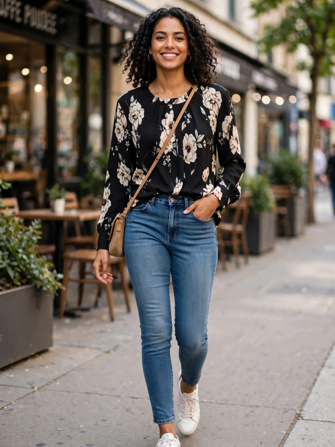 Black & Cream Floral Long Sleeve Blouse - Size 2XL