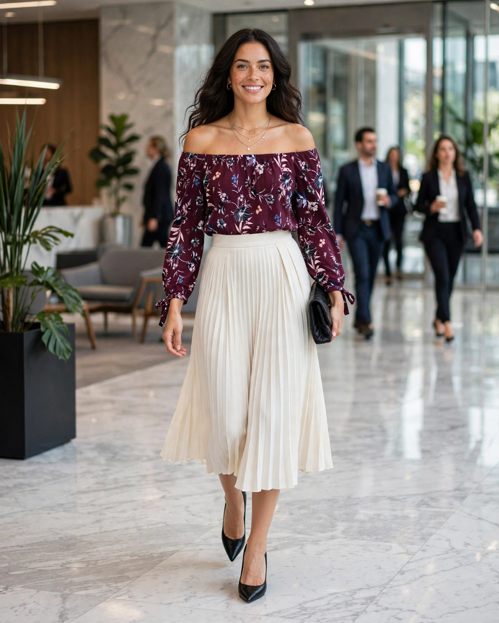 Burgundy Floral Off-Shoulder Blouse with Tie Cuffs | Size 36