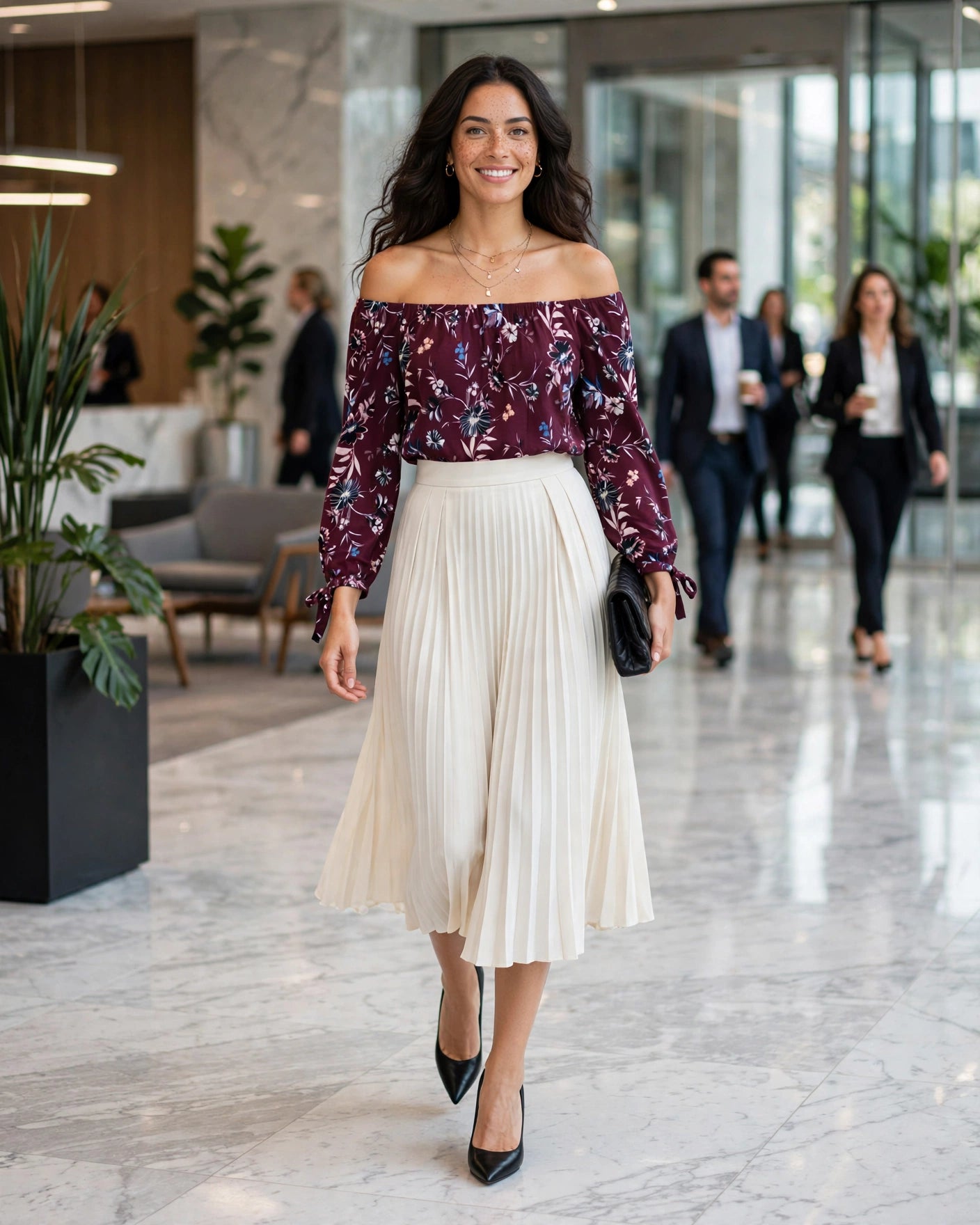 Burgundy Floral Off-Shoulder Blouse with Tie Cuffs | Size 36