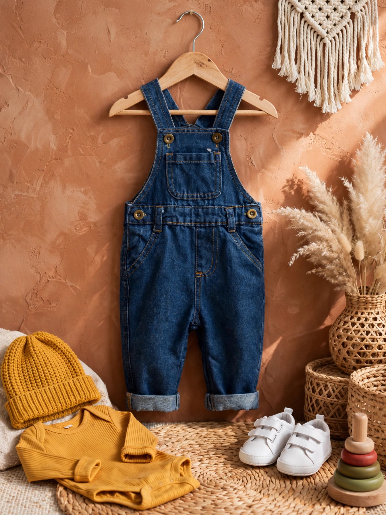 Boho Baby Denim Overalls Jumpsuit - Clicks Unisex Brand - Size 0 to 3 Months