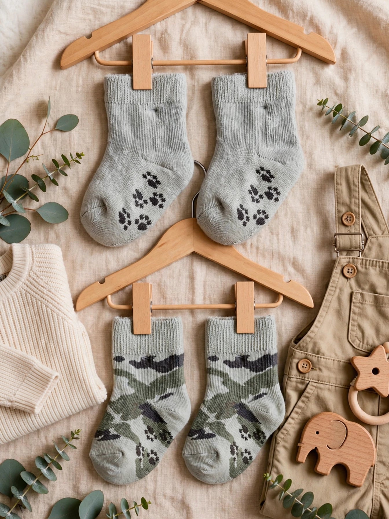 JollyTots Newborn Baby Socks - 2 Pack Grey Camo & Solid Grey with Paw Prints - Size 0 to 3 Months