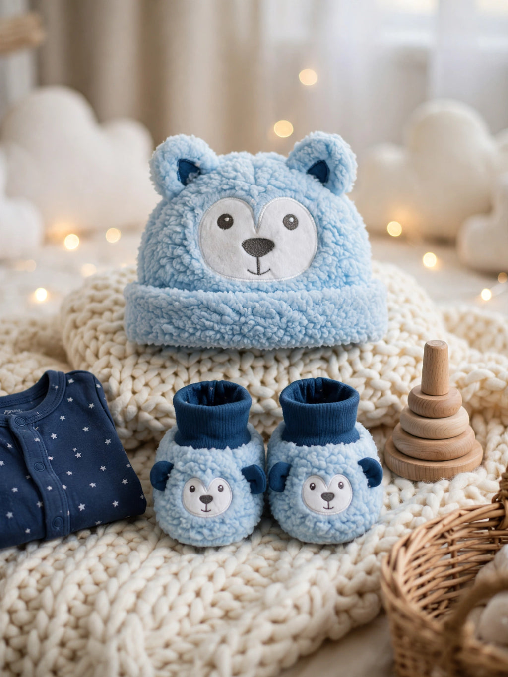 Jollytots Baby Bear Hat & Booties Set - Light Blue - 0 to 6 Months