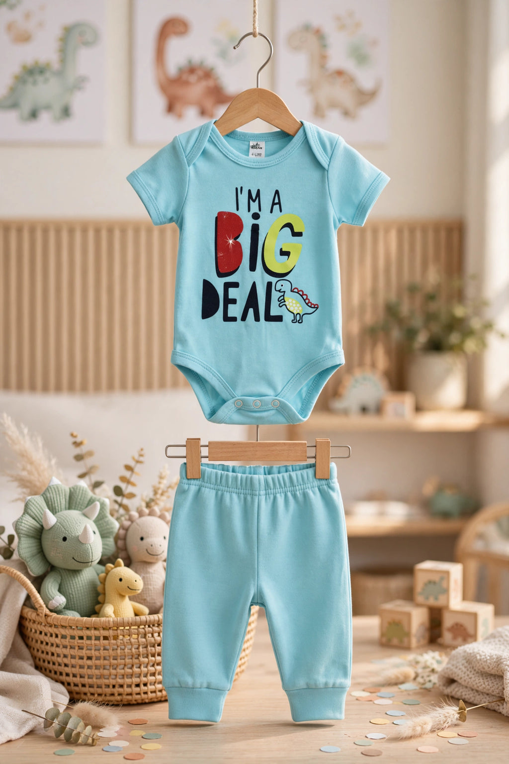 Jet Star Baby "I'm A Big Deal" Dino Bodysuit + Pants Set - 100% Cotton | 3 to 6 Months